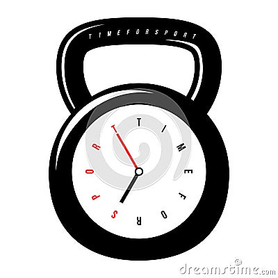 Conceptual watch for gym stylized like a weight with clock face stylized like a text. Time for sport. Vector Illustration