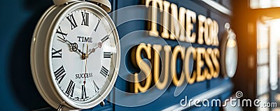 Conceptual white clock with the phrase TIME FOR SUCCESS indicating the crucial moments for seizing opportunities and Stock Photo