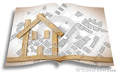 Conceptual wooden houses over an imaginary cadastral map - 3D rendering concept of sustainable and ecological construction Stock Photo