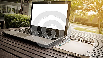 Conceptual workspace, Laptop with blank screen Stock Photo