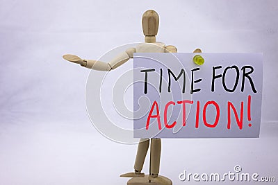 A Conceptual yellow Hand writing caption inscription written sticky note with word Time for action With black ink on a sticky note Stock Photo