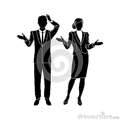 Concerned businessman and businesswoman character wondering about something, in a business suit standing up straight. Young man Vector Illustration