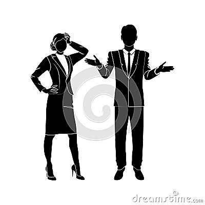 Concerned businessman and businesswoman character wondering about something, in a business suit standing up straight. Young man Vector Illustration