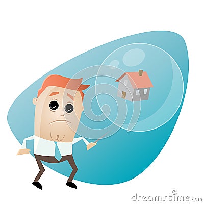 Concerned businessman with house in a soapbubble and a needle Vector Illustration