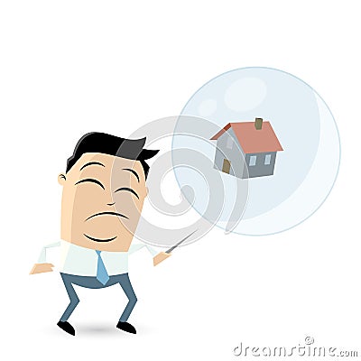 Concerned businessman with house in a soapbubble and a needle Vector Illustration