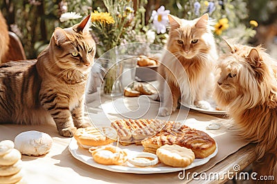 Concerned Cats Watching Their Owner's Unhealthy Eating Habits on a Colorful Dining Table Stock Photo