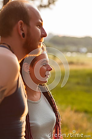 Concerned couple nature together concept. Stock Photo