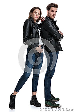 Concerned couple posing while she is leaning on him Stock Photo