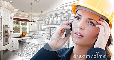 Concerned Female Contractor Using Smart Phone Over Kitchen Drawing Gradating to Photo Stock Photo