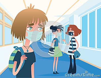 Concerned girl in medical mask looks at two masked friends who are talking, not keeping their distance from each other Vector Illustration