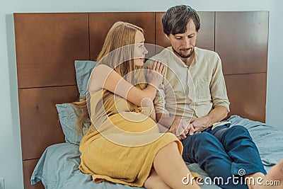 Concerned husband anxiously worries about his wife& x27;s pregnancy, seeking reassurance and support Stock Photo