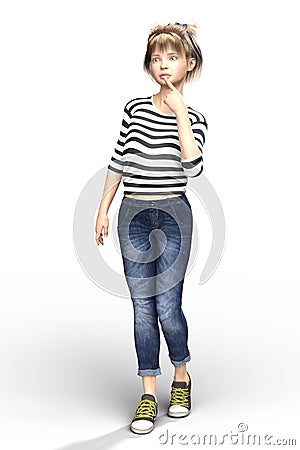 Concerned looking CGI Child or Young Teen Girl Character isolate Stock Photo