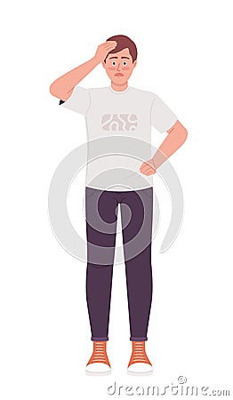 Concerned man holding head with hand semi flat color vector character Vector Illustration