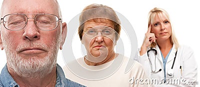 Concerned Senior Couple and Female Doctor Behind Stock Photo