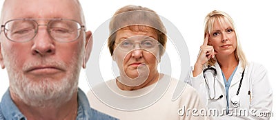 Concerned Senior Couple and Female Doctor Behind Stock Photo