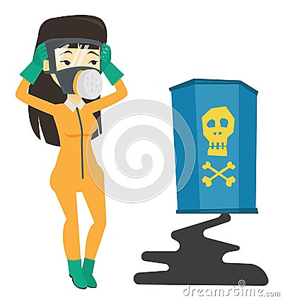 Concerned woman in radiation protective suit. Vector Illustration