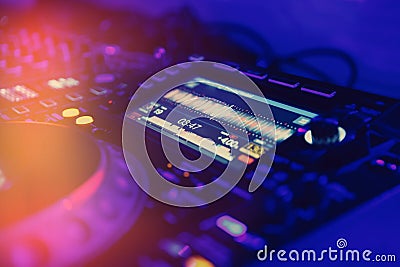 Professional dj audio equipment on edm music festival in night club Stock Photo