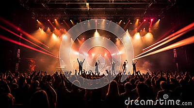 Concert festival with scene stage orange lights with colorful smoke rock show performance, people silhouette, colourful confetti Stock Photo