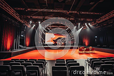 Concert hall with red curtains and stage lights. 3D rendering, A modern training hall with chairs facing a giant stage with one Stock Photo