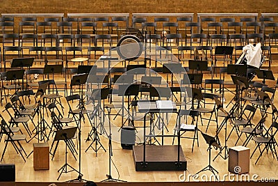 Concert hall stage with stands and chairs Stock Photo