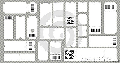 Concert movie theater ticket template. Empty lottery cardboard coupons. Templates with barcode or qr code. Vector Vector Illustration