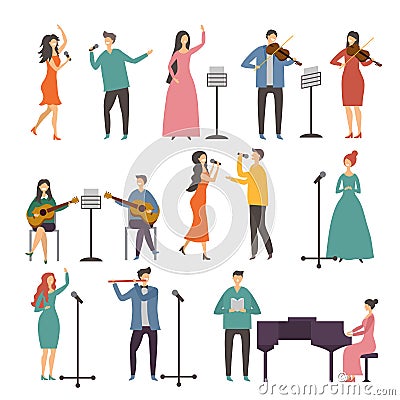 Concert and music groups. Vocal duets. Musician and singers performances Vector Illustration