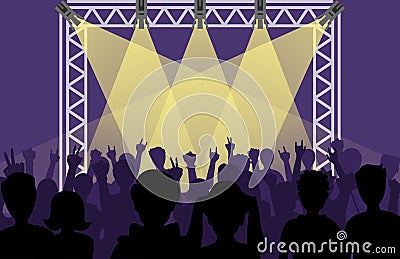 Concert pop group artists on scene music stage night and young rock metall band crowd in front of bright nightclub stage Vector Illustration