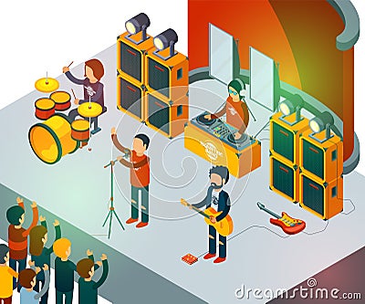 Concert scene. Isometric rock band singing people entertainment crowd vector concept Vector Illustration