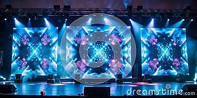 A concert stage with three large video screens displaying abstract, geometric patterns. The stage is illuminated by Vector Illustration
