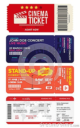 Concert and stand up comedy show tickets. Cinema ticket and airplane boarding pass. Big set of tickets templates Vector Illustration