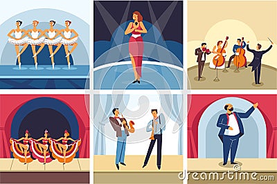 Concerts dancing and singing show opera and ballet orchestra and cabaret Vector Illustration