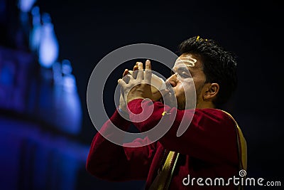 Conch blowing during Ganga aarti, Varanasi, India Editorial Stock Photo