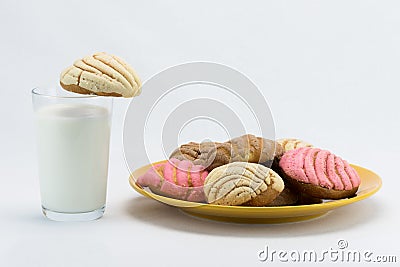 Concha Bread & Glass of Milk Stock Photo