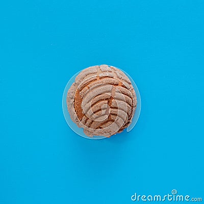 Concha Bread, Mexican Sweet Scone on Blue Surface. Stock Photo