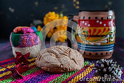 Concha Bread, Mexican Sweet Scone and Coffee Jar on Woven Tablecloth. Stock Photo