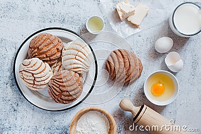 Conchas mexican bread top view baking ingredients in Mexico Stock Photo