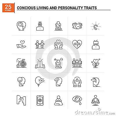 25 Concious Living And Personality Traits icon set. vector background Vector Illustration