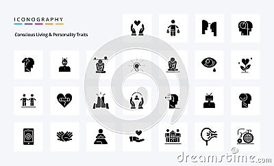 25 Concious Living And Personality Traits Solid Glyph icon pack Vector Illustration