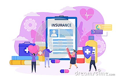Conclude health insurance contract with clinic concept vector illustration. Man fill large form document, woman Vector Illustration