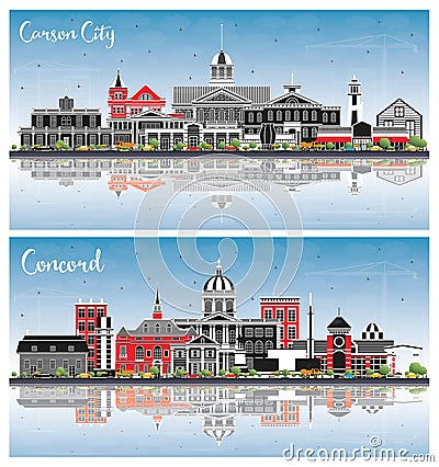 Concord New Hampshire and Carson City Nevada City Skylines Set with Color Buildings, Blue Sky and Reflections Stock Photo