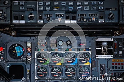 Concorde cockpit and Instrument panel of the British Airways Concorde supersonic jet at Intrepid Sea, Air and Space Museum. Editorial Stock Photo