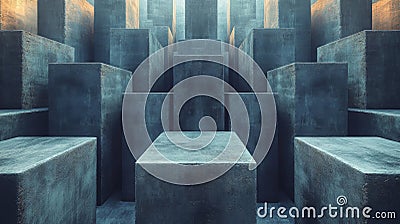 Modern concrete structures arranged in a staggered pattern reflecting light at dawn in an urban environment. Generative Stock Photo