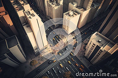 concrete buildings and steet traffic in large metropolitan city, aerial view of busy city street Stock Photo