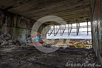 Unfinished carcass of hotel window with nice view to city Stock Photo