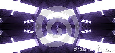 Concrete Cement Sci Fi Futuristic Dark Abstract Alien Spaceship Tunnel Corridor Purple White LIghts Empty Background Underground Stock Photo