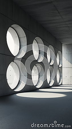 concrete corridor with oversized circular openings casting bold shadows on a sunlit floor ample copyspace concept of architecture Stock Photo