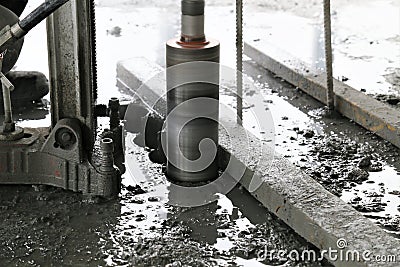 Concrete drilling machine drill diamond core saw road asphalt samples Stock Photo