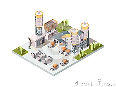 Concrete factory. Machinery manufactory production industrial concept cement mixer machine and tanks vector isometric Vector Illustration