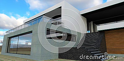 Concrete faÃ§ade and black brick tiled staircase. Architectural solutions in a minimalist style. A small cozy cottage against a Stock Photo