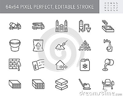 Concrete line icons. Vector illustration include icon - brick, construction, broken stone, spatula, mixer truck, putty Vector Illustration